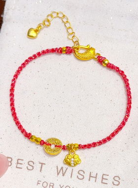 女沙金碎冰冰铜钱如意红绳手链