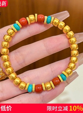 女沙金古法錾刻老型珠南红手链