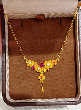 玫红钻拉丝繁花朵朵流苏吊坠项链