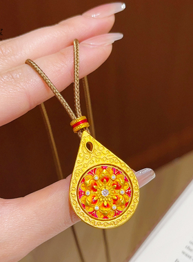 沙金珐琅彩梵华莲花水滴吊坠项链
