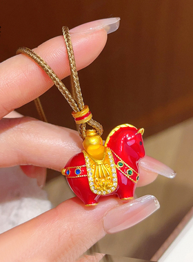 沙金珐琅彩红色马上有钱吊坠项链