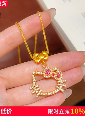 女沙金满钻镂空Kitty蝴蝶猫项链