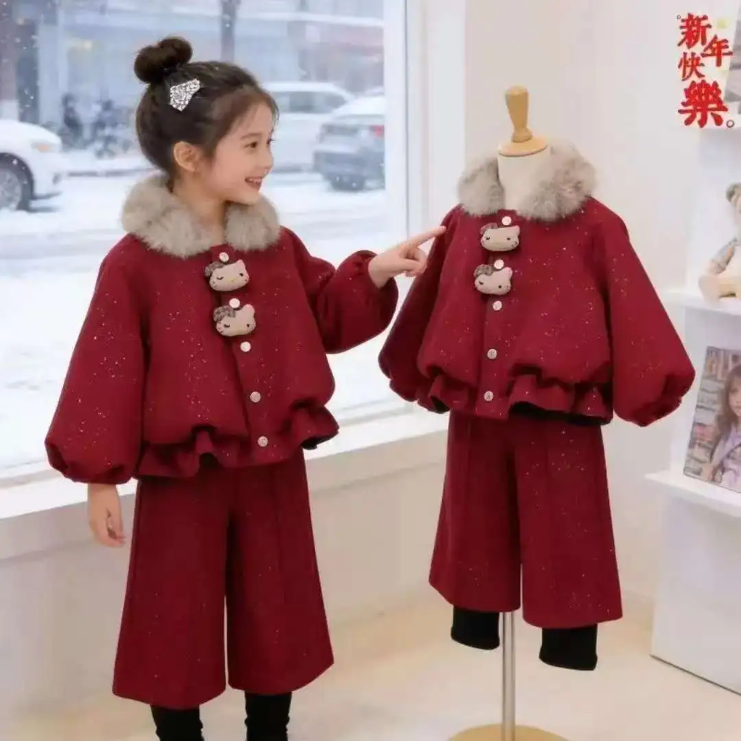 女童儿童加绒冬装套装国潮拜年加厚两件套2025新款洋气高级小香风