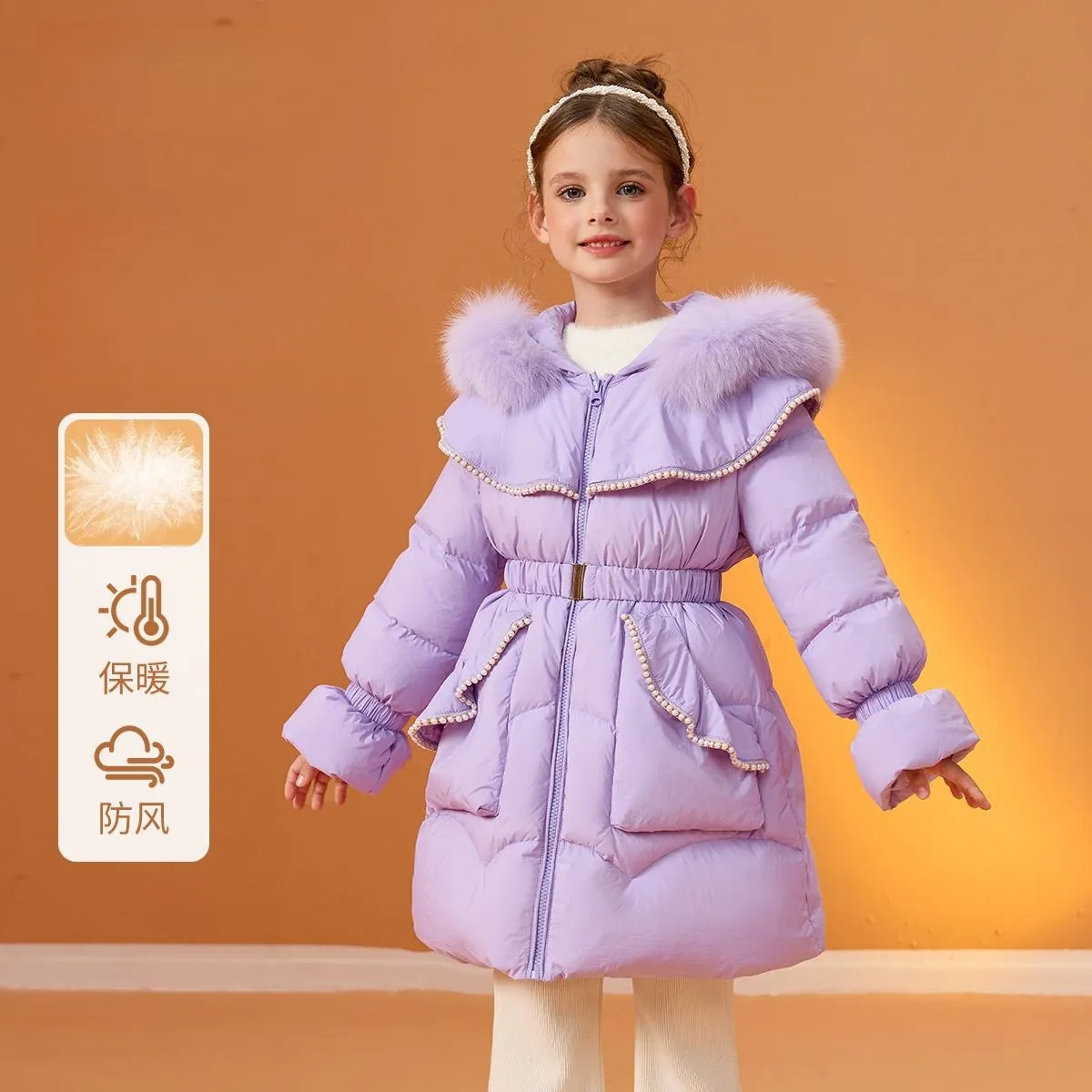 女童中长款羽绒棉服连帽大毛领冬季加厚保暖棉袄中大童棉衣千金潮