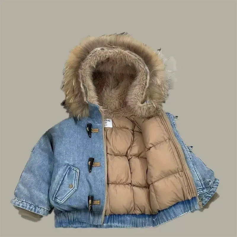 2025新款男童牛仔羽绒棉服帅气冬装加厚保暖连帽大毛领棉衣宝宝潮