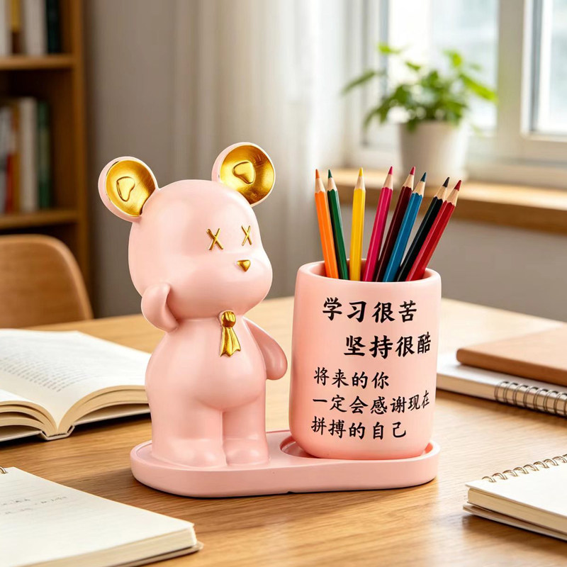 卡通暴力熊笔筒摆件孩子学生女孩励志工艺品儿童礼物房间装饰品