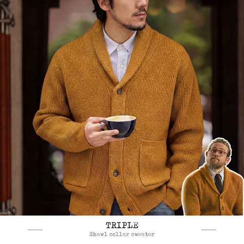 TRIPLE青果领扭花秋冬款翻领针织开衫英伦绅士复古雅痞男士
