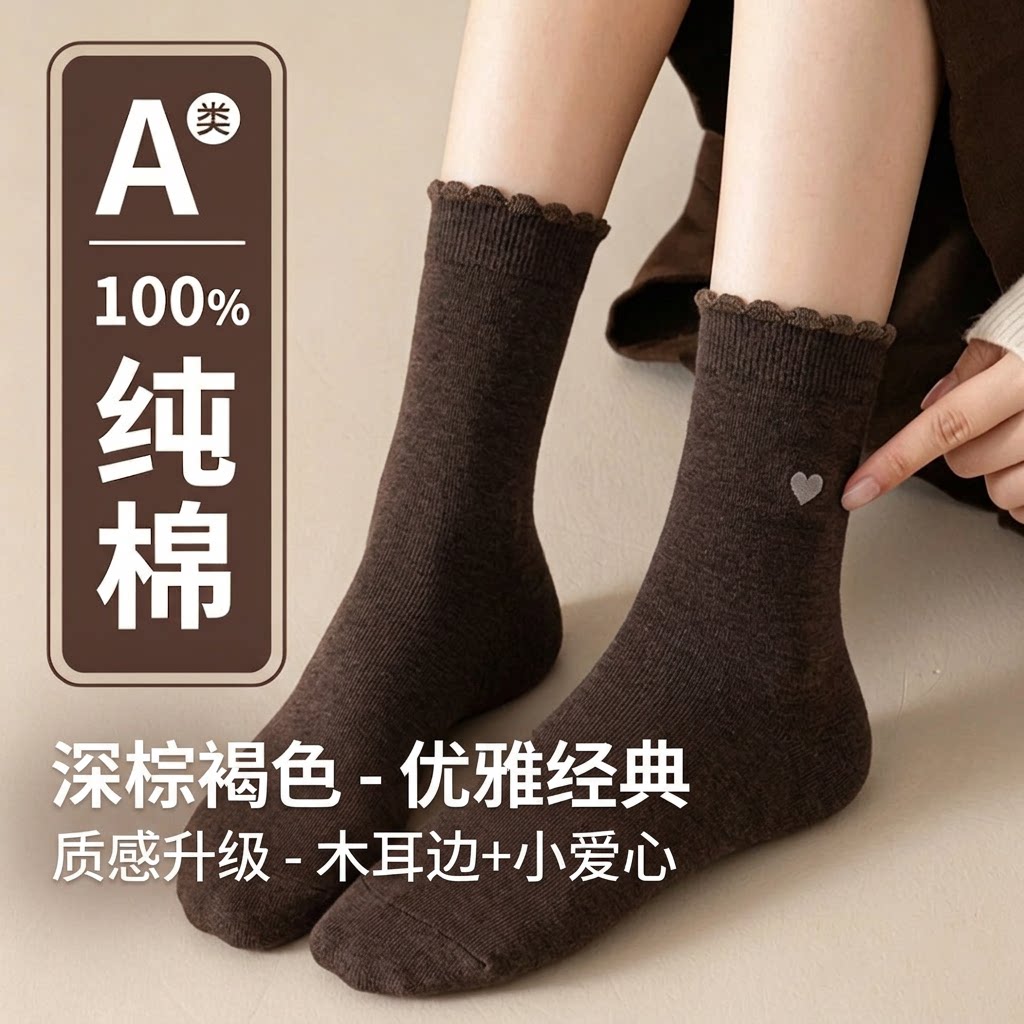 A类100%纯棉袜子女款中筒深咖啡色2026新款黑色秋季全棉爱心花边