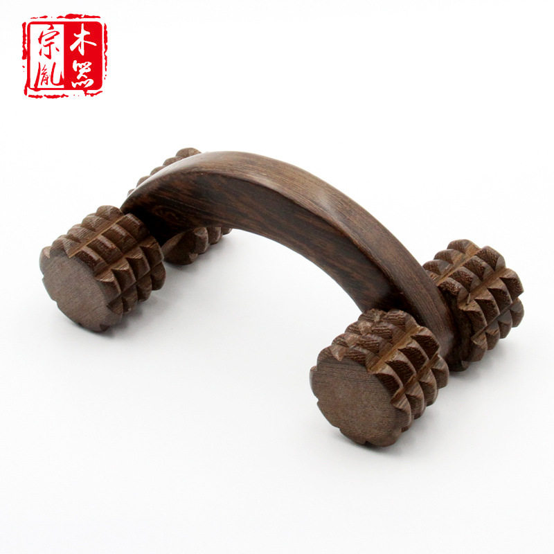 现货鸡翅木圆轮推背保健按器木质把手四轮滚动拉槽按器