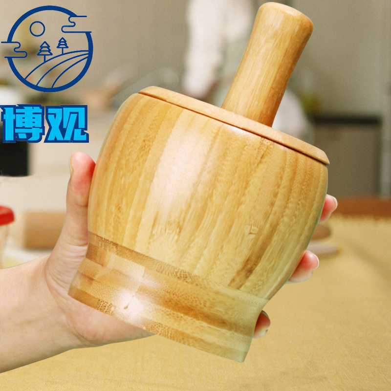 手动研磨器竹制捣蒜罐食物搅馅器厨房蒜臼擂辣椒擂钵蒜泥捣蒜臼子