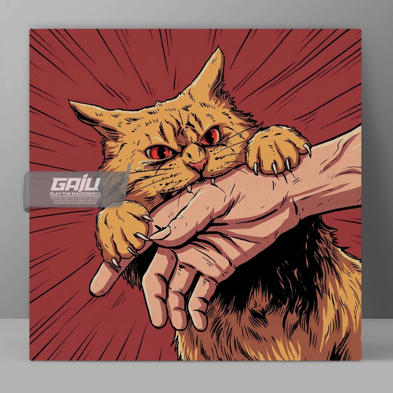 赤瞳伏击橘猫之怒装饰画猫咬人獠牙与利爪喵星人铲屎官原创挂画