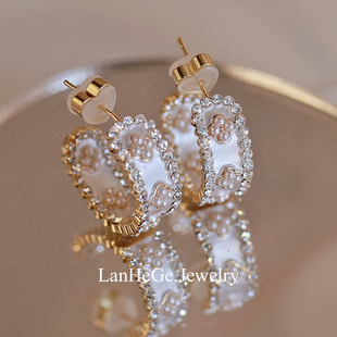 古典亮钻耳钉C圈小众耳环气质耳饰 白糖巧克力 LANHEGE法式 优雅