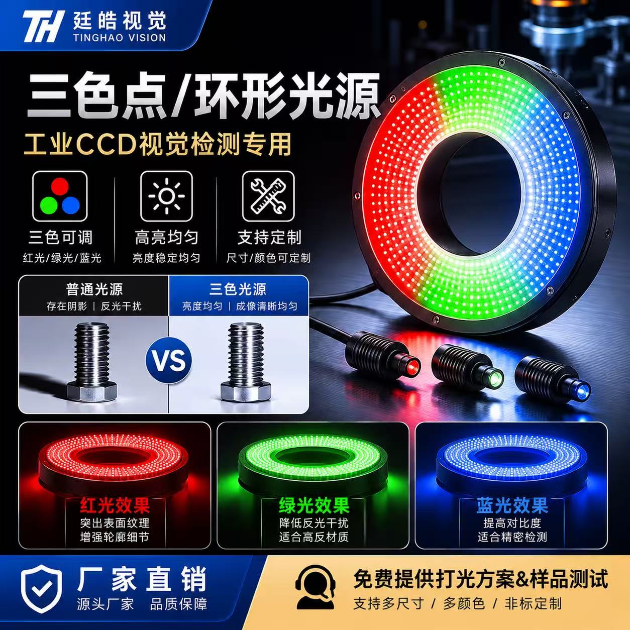 RGB三色环形光源 工业CCD视觉检测专用 红绿蓝可调高亮均匀无频闪