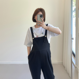 宽松休闲高腰直筒阔腿裤 女2024春夏新品 孕妇黑色背带裤 大码