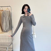 连衣裙女装 孕妇装 polo针织衫 新款 收腰显瘦气质休闲a字裙长裙 秋季