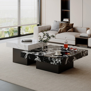 新款意式岩板茶几现代简约客厅家用大理石轻奢高低款方形茶台组合