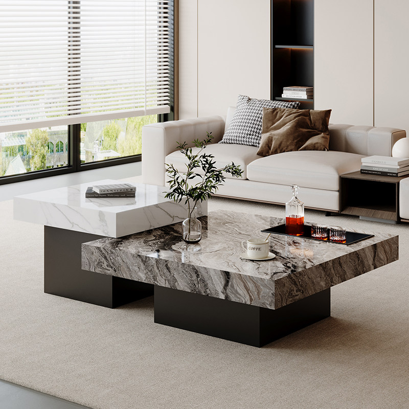 新款意式岩板茶几现代简约客厅家用大理石轻奢高低款方形茶台组合