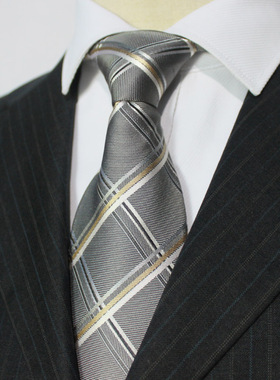 灰色方格假一罚十真丝领带商务礼服职业桑蚕丝领带男礼盒装J178