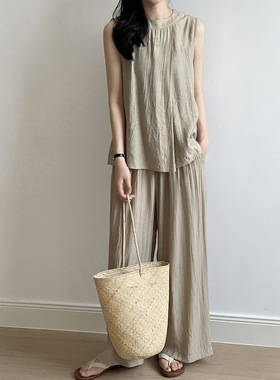 言双 气质薄款无袖背心套装女 夏季褶皱衬衫阔腿裤两件套82059