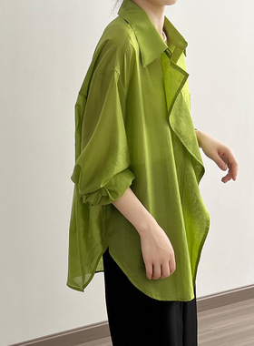 言双 轻薄天丝木耳边衬衫女2024夏季新款防晒显瘦宽松衬衣80732