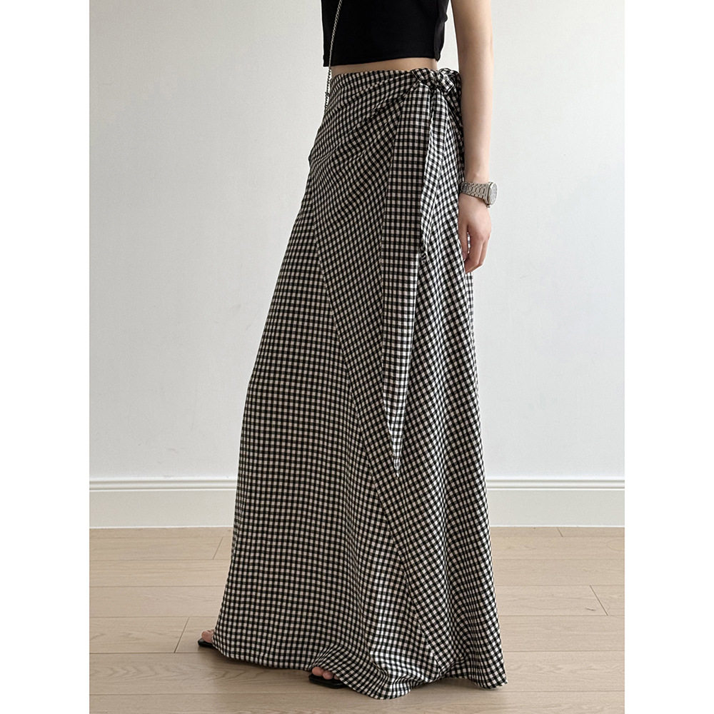 言双 设计感绑带格纹半身裙女 夏季新款包臀拖地长裙a字裙82225