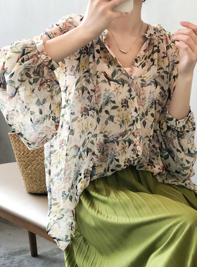 言双 V领雪纺碎花衬衫女 春季新款薄款衬衣设计感气质上衣80387