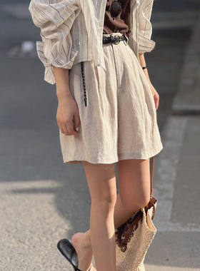 言双 日系苎麻休闲短裤女 夏季高腰A字薄款麻料阔腿直筒裤82297