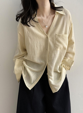 言双 天丝亚麻长袖纯色衬衫女 秋季新款百搭防晒开衫上衣82223