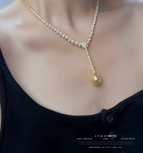 11-12毫米椭圆形轻奢风南洋金珠套链纯银项链 天然海水珍珠深金色