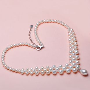 爱心形渐变珍珠项链天然带吊坠 纯手工编织 小珍珠锁骨链多层短款