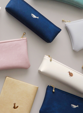 日本El commun扁平形女孩款笔袋简约风收纳袋便携小清新烫金印花