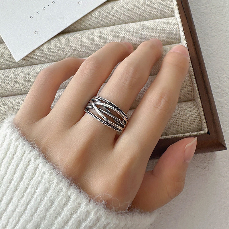 S925镀银韩版新款ins冷淡风简单线条麻花交叉缠绕几何开口戒指女