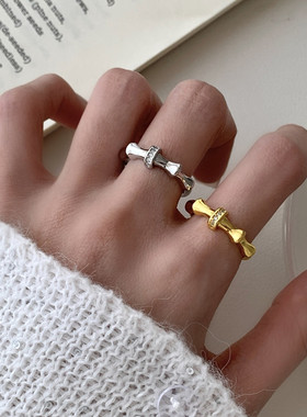 2026新款中古拉丝复古戒指女高级感带钻竹节戒指时尚轻奢小众指环