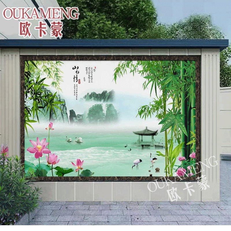庭院别墅户外瓷砖背景墙农村富水长流迎门墙山水装饰画山水情壁画