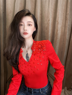 新款 气质百搭衬衣打底衫 修身 设计款 女 显瘦弹力V领衬衫 2024春季