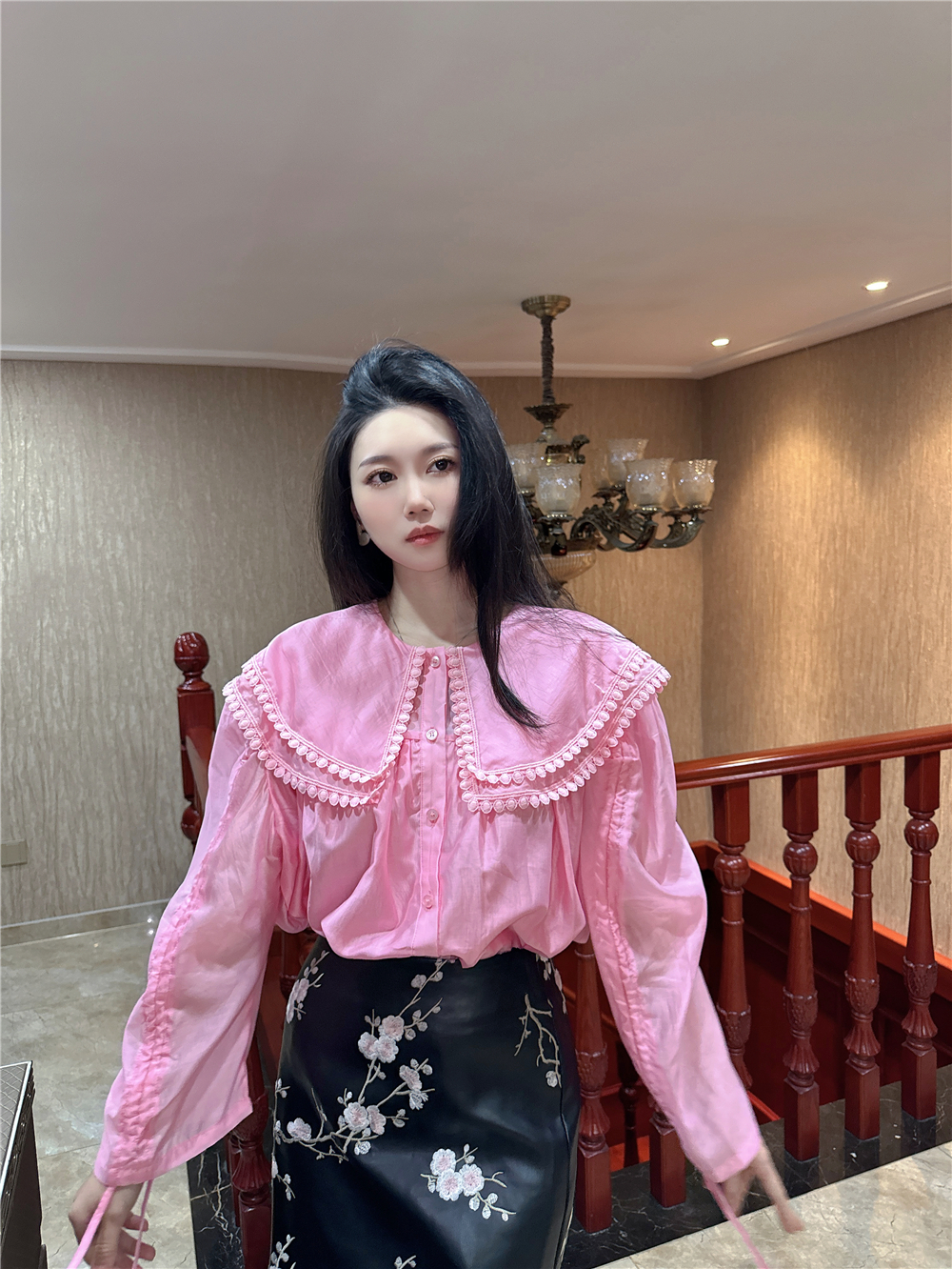 长袖衬衫抽绳法式宽松真丝棉小衫