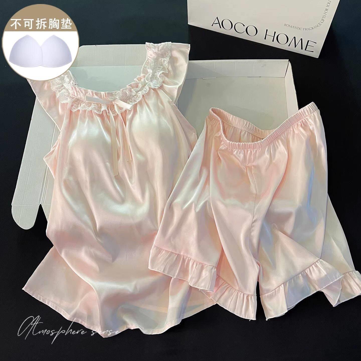 2025新款吊带背心带胸垫冰丝睡衣女生性感夏季日系家居服两件套装