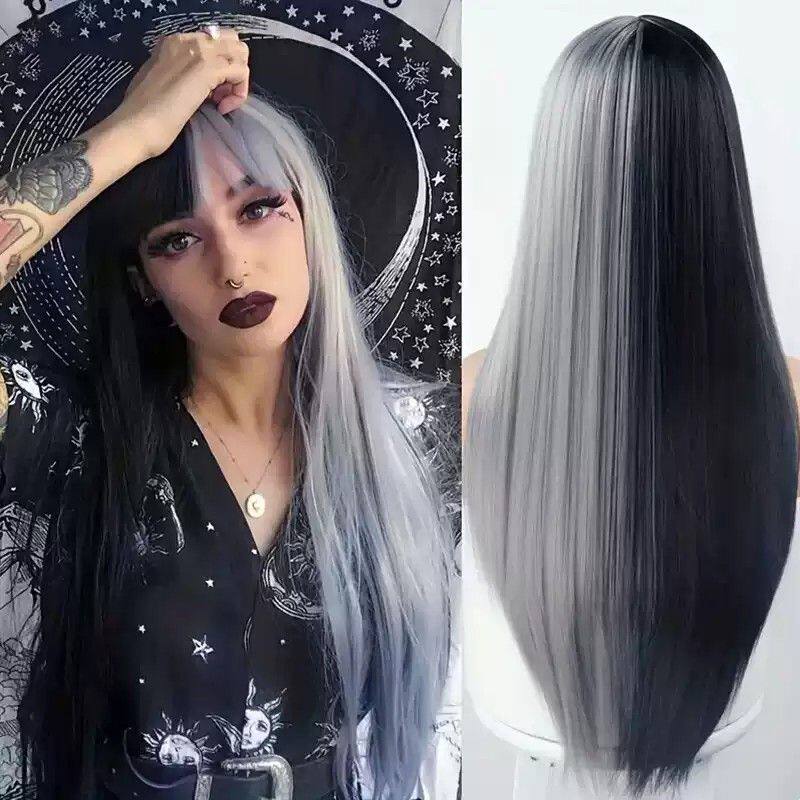 万圣节cos道具假发女黑灰双色阴阳头长直发wigs头套新品货源