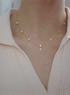 四叶草花朵锆石通体纯银锁骨链