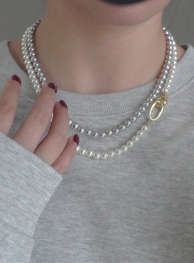 女清冷灰色珍珠项链毛衣链