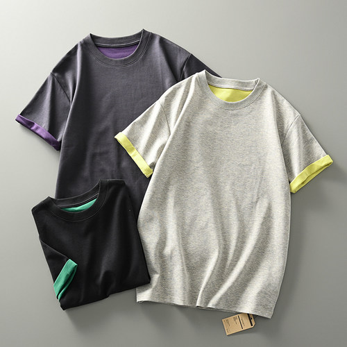 设计师线双面色织全棉外贸男装夏季INS潮牌时尚休闲打底短袖T恤衫