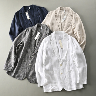 100亚麻吸湿透气外贸原单男士 休闲西服外套潮 复古宽松两粒扣时尚