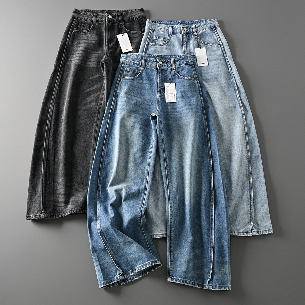 外贸原单女装弯刀牛仔裤女高腰镰刀牛仔香蕉裤直筒阔腿休闲长裤潮