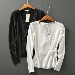 出口欧美外贸女装气质V领长袖包裹式系带衬衫弹力修身内搭针织衫