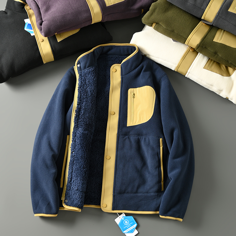 秋冬情侣撞色拼接立领夹克外套