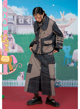 乐饿乐 樂园 森林木屋设计感花瓣领拼接复古套装格子羊毛呢两件套