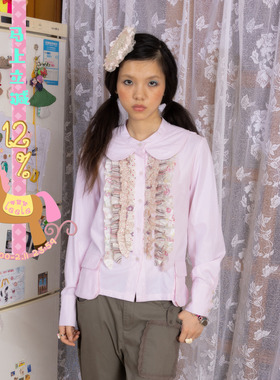 leele Retirement Paradise三明治夹心风琴粉色长袖多层领衬衫