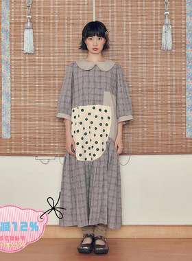 乐饿乐 天使武馆 波点x格纹 娃娃领宽松百褶连衣裙