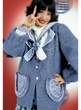 Leele 21s-波浪剪裁 复古夹棉羊毛呢外套女日系海军领短款外套冬