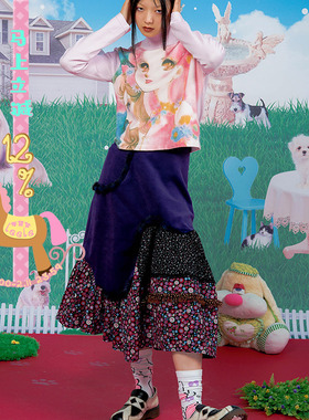 乐饿乐 樂园碎花层次感 复古紫色羊毛呢半身裙设计感高腰拼接裙子